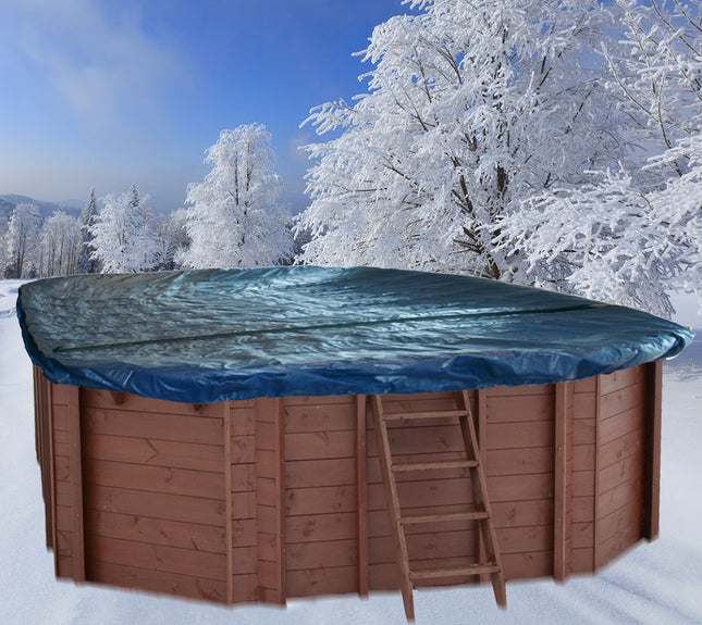 Cobertor de invierno con malla para piscina de madera ovalada 640 cm x 400 cm