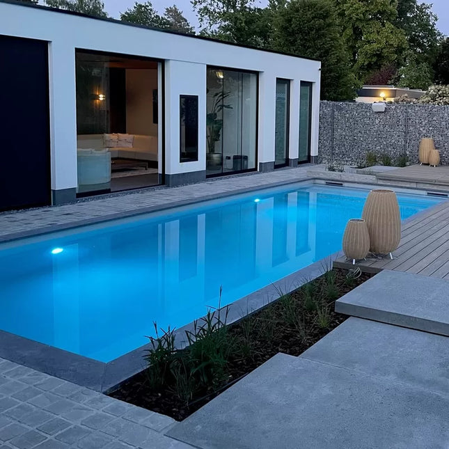 Piscine en polypropylène gris clair avec escalier droit - 1100 x 400 x 150 cm