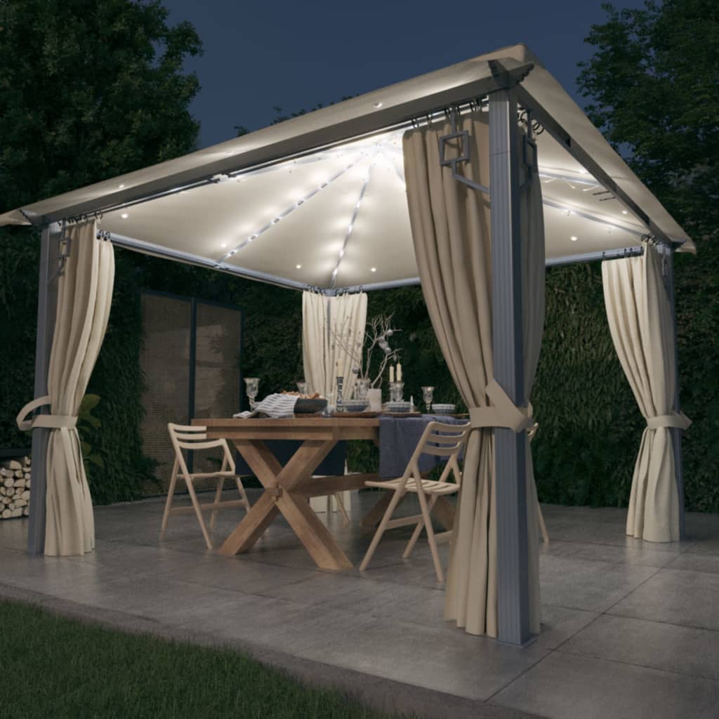 Prieel Met Gordijn Led-Lichtslinger 3X3 M Aluminium