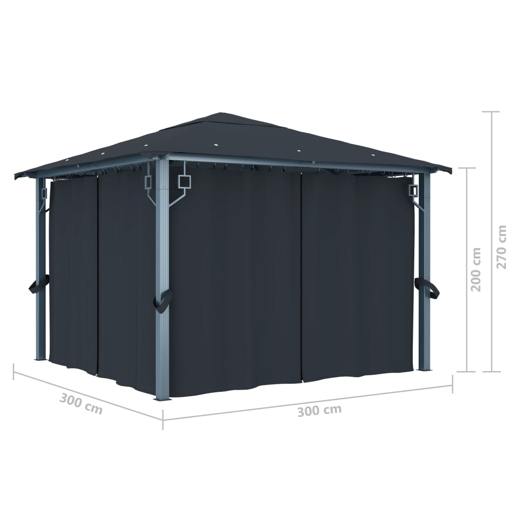 Prieel Met Gordijn Led-Lichtslinger 3X3 M Aluminium