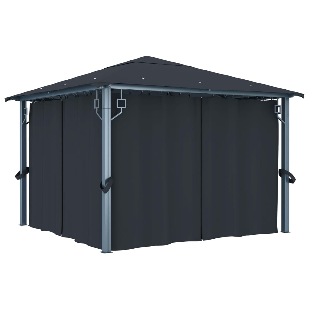 Prieel Met Gordijn Led-Lichtslinger 3X3 M Aluminium