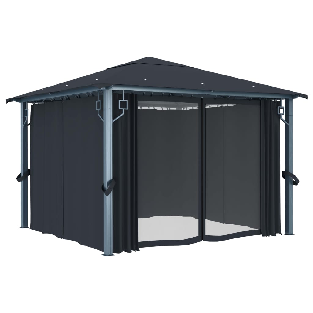 Prieel Met Gordijn Led-Lichtslinger 3X3 M Aluminium