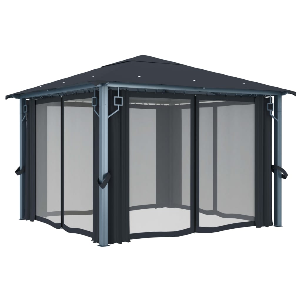 Prieel Met Gordijn Led-Lichtslinger 3X3 M Aluminium