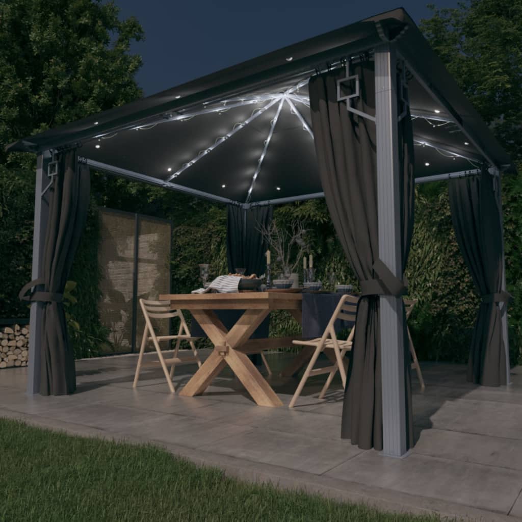 Prieel Met Gordijn Led-Lichtslinger 3X3 M Aluminium