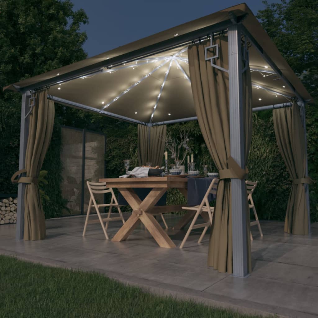 Prieel Met Gordijn Led-Lichtslinger 3X3 M Aluminium