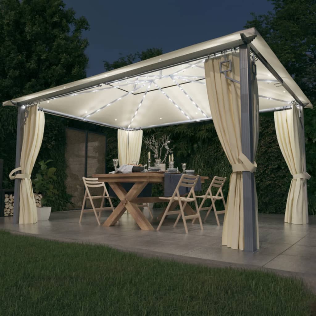 Prieel Met Gordijn Led-Lichtslinger 3X3 M Aluminium