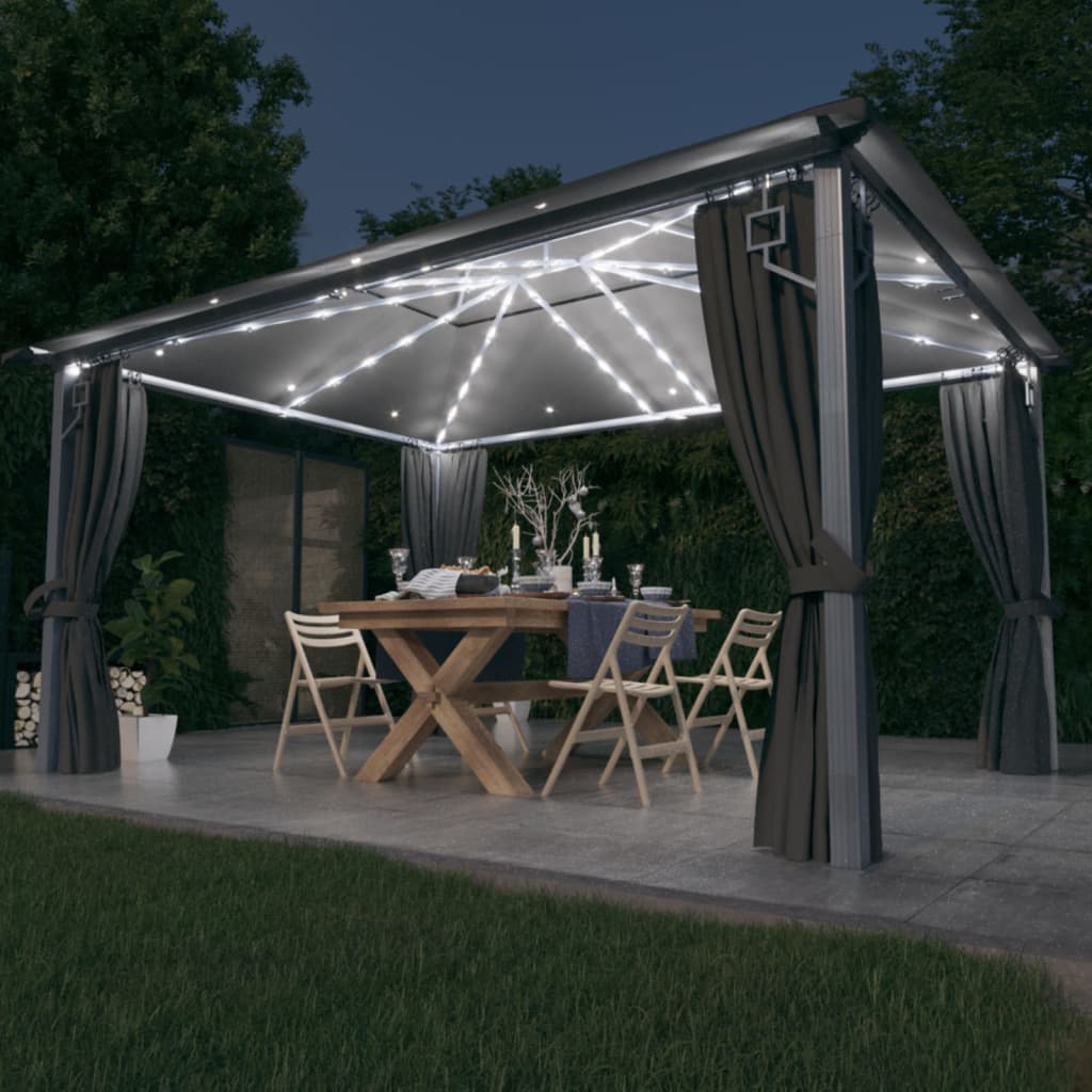 Prieel Met Gordijn Led-Lichtslinger 3X3 M Aluminium