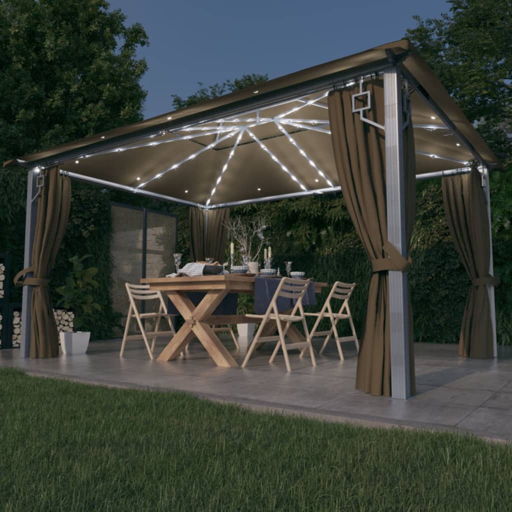 Prieel Met Gordijn Led-Lichtslinger 3X3 M Aluminium