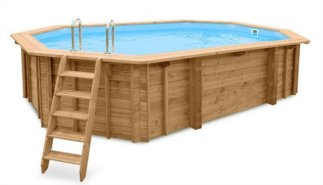 Interline Java piscina de madera ovalada 640 x 400 x 138 cm paquete completo 