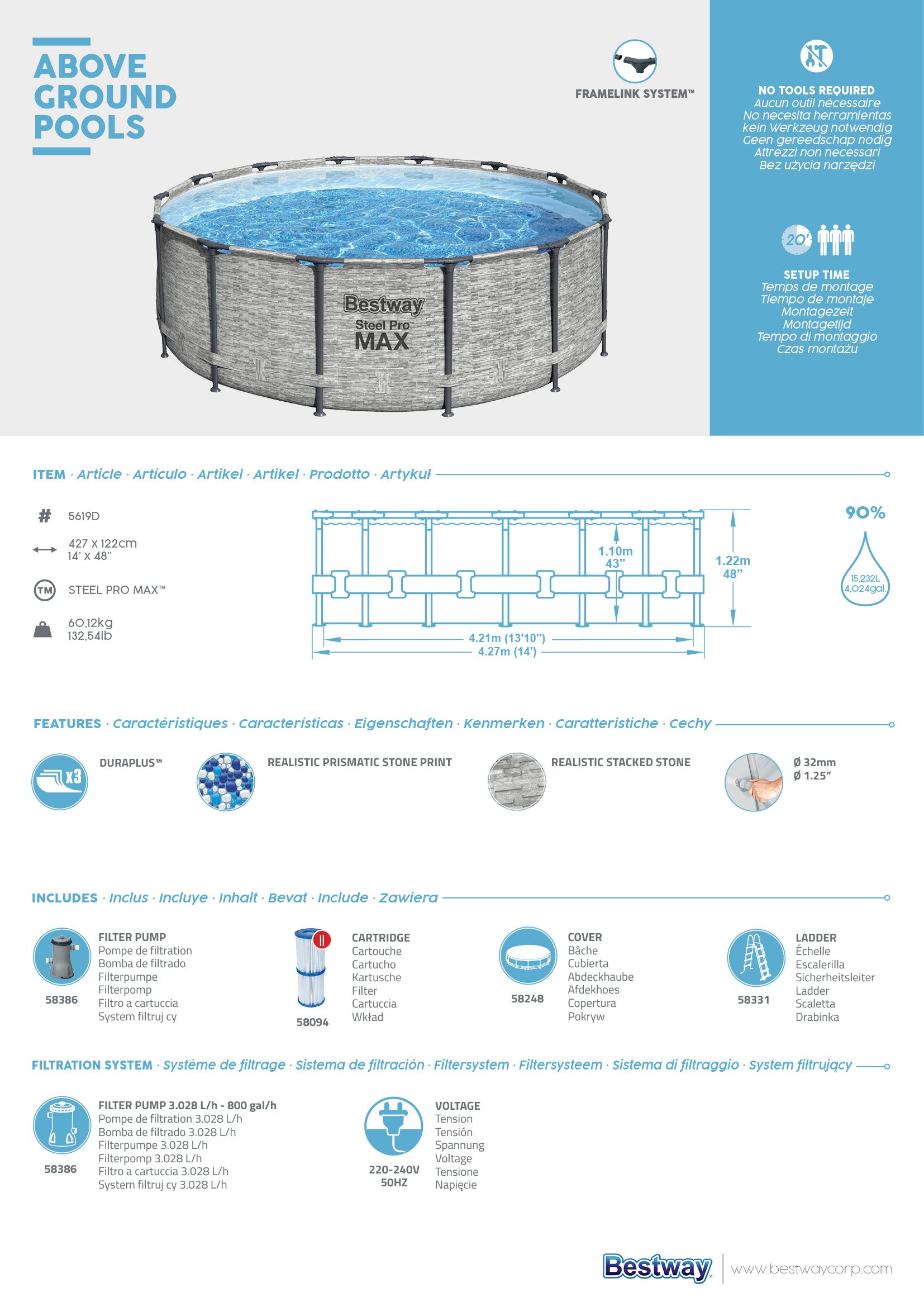 Bestway Steel Pro MAX Rundes Frame Pool Set 427 cm × 122 m