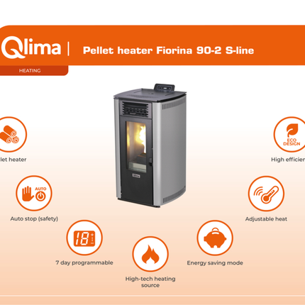 Qlima Pelletkachel Fiorina 90 S-Line – 9 kW, Grijs