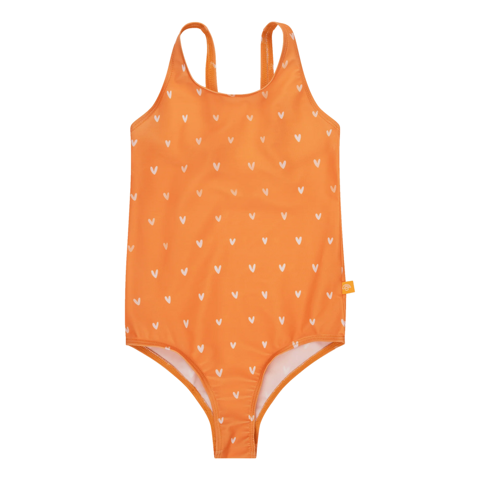 Maillot de bain anti-UV fille orange avec coeurs