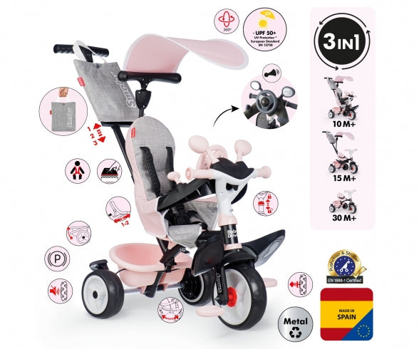 Bicicletta a tre ruote Baby Driver Rosa – Bicicletta evolutiva 3-in-1