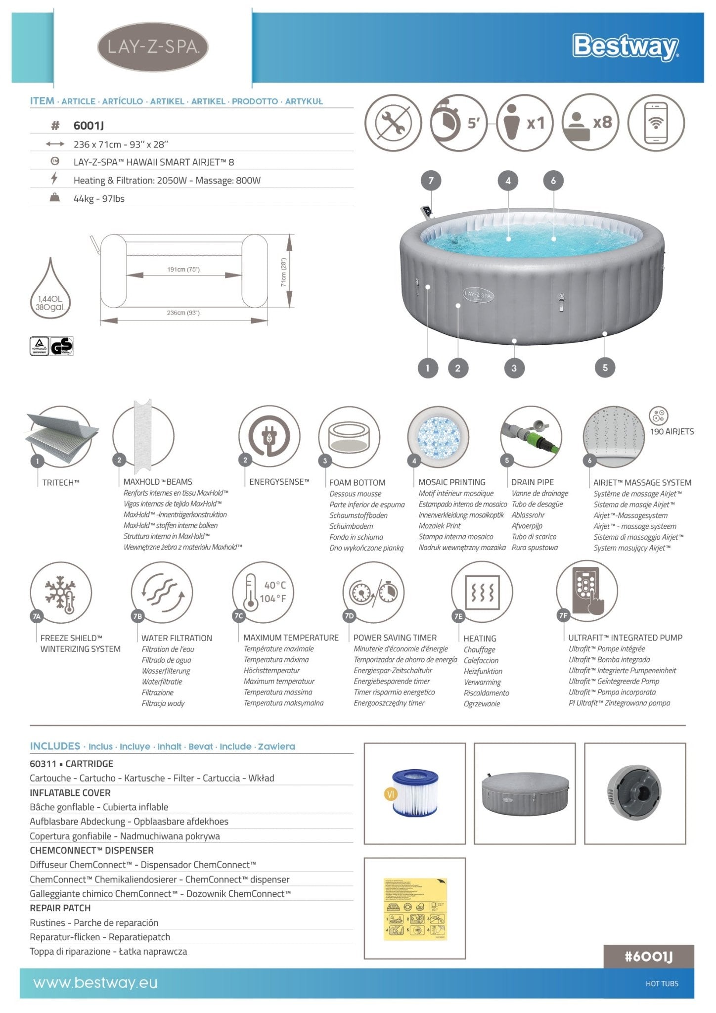 Bestway Lay-Z-Spa Hawaii Energy-Efficient Smart AirJet, 8 persoons - Azzura Pool