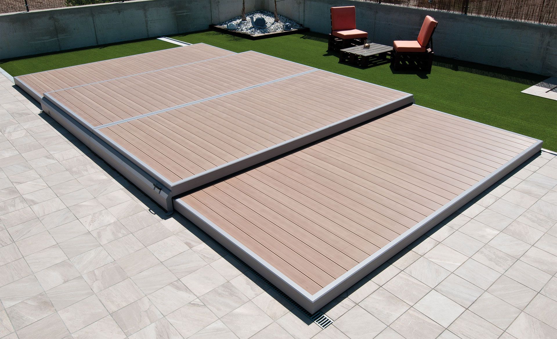 Deckwell zwembad afdekking en terras in 1 - Zand - 700 cm x 350 cm