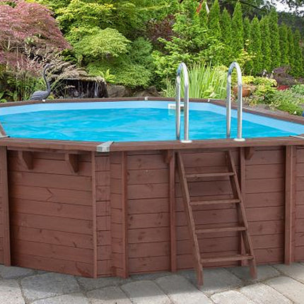 Interline Java piscina de madera ovalada 640 x 400 x 138 cm paquete completo 