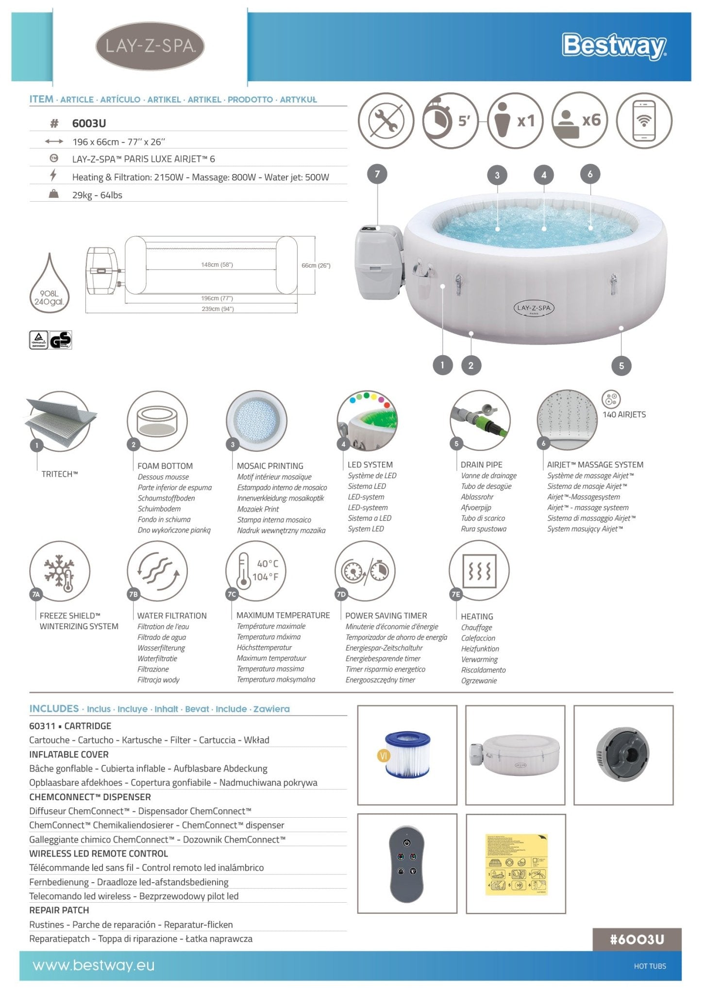 Lay-Z Spa Paris EnergySense Airjet opblaasbare spa - 6 persoons - Azzura Pool