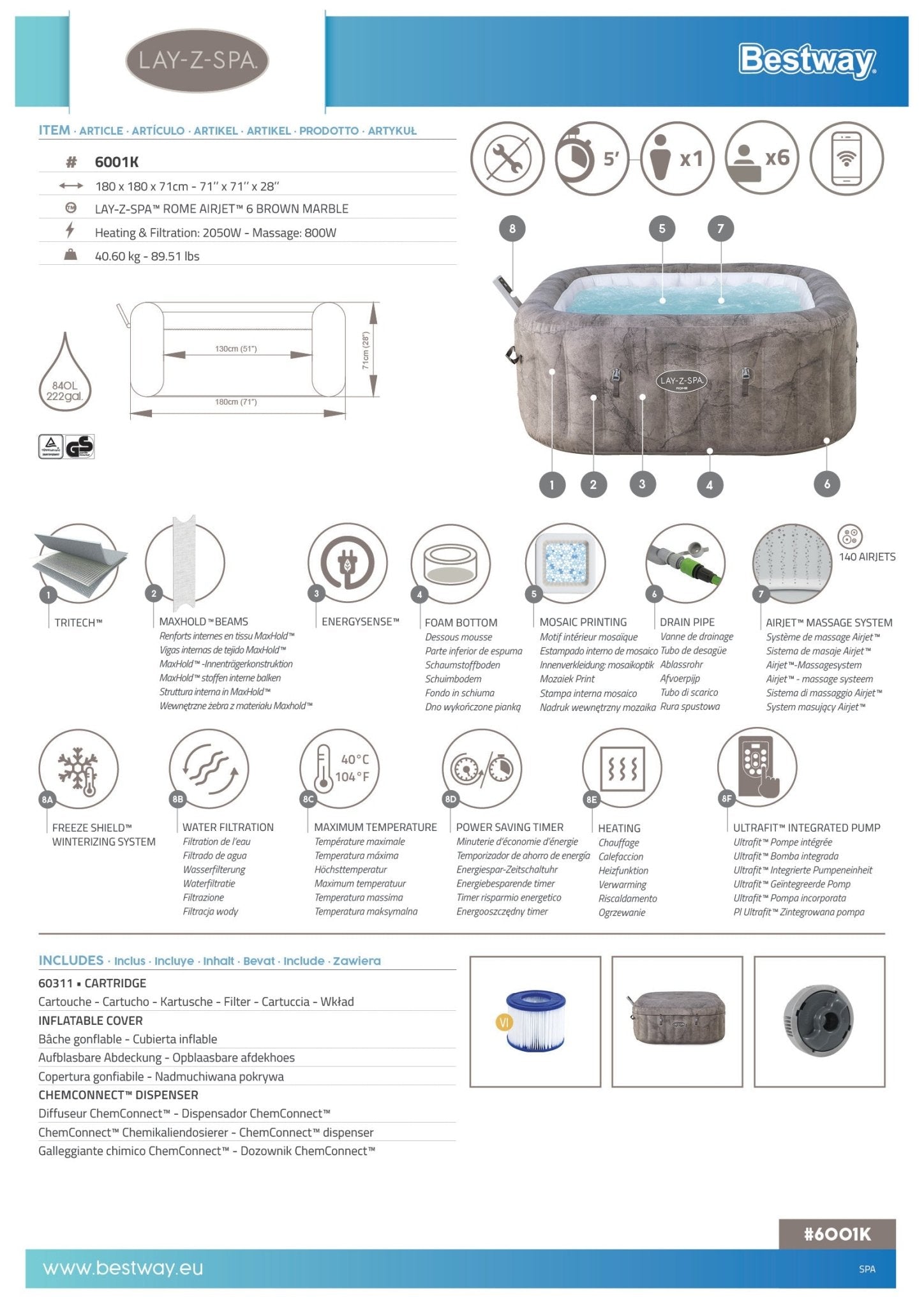 Lay-Z-Spa Rome Smart AirJet, 6 persoons met ingebouwde pomp - Azzura Pool