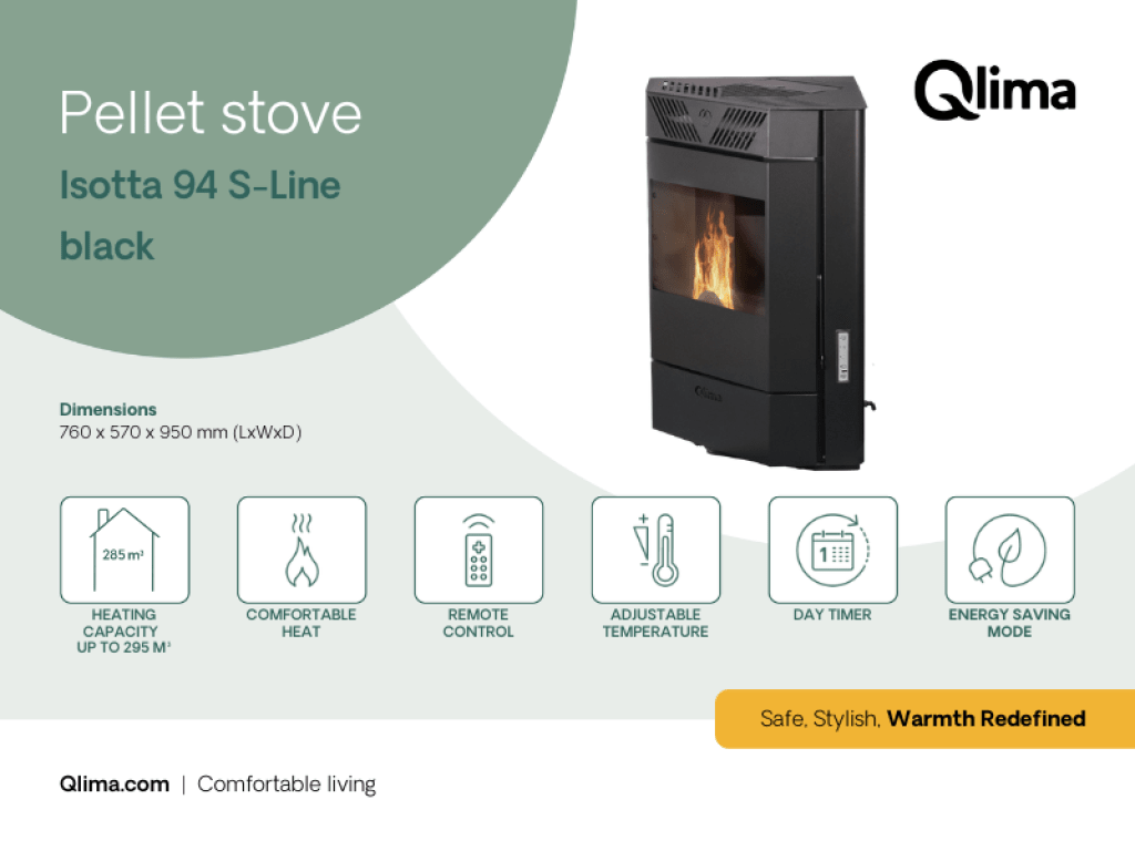 Qlima Pelletkachel Isotta 94 S-Line 9,84 kW – Hoekmodel, Zwart - Azzura Pool