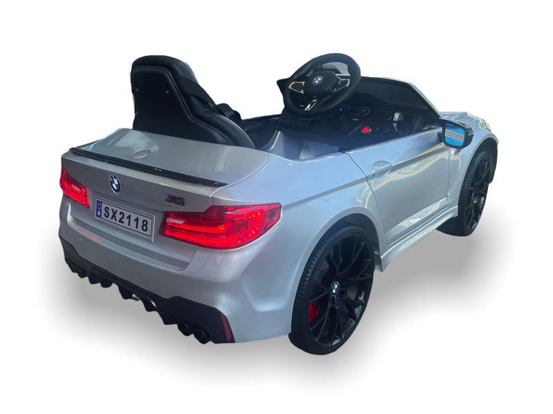 Bmw M5,Lithium, Leder Zitje, Rubberen Banden, Kinder Accu Auto!