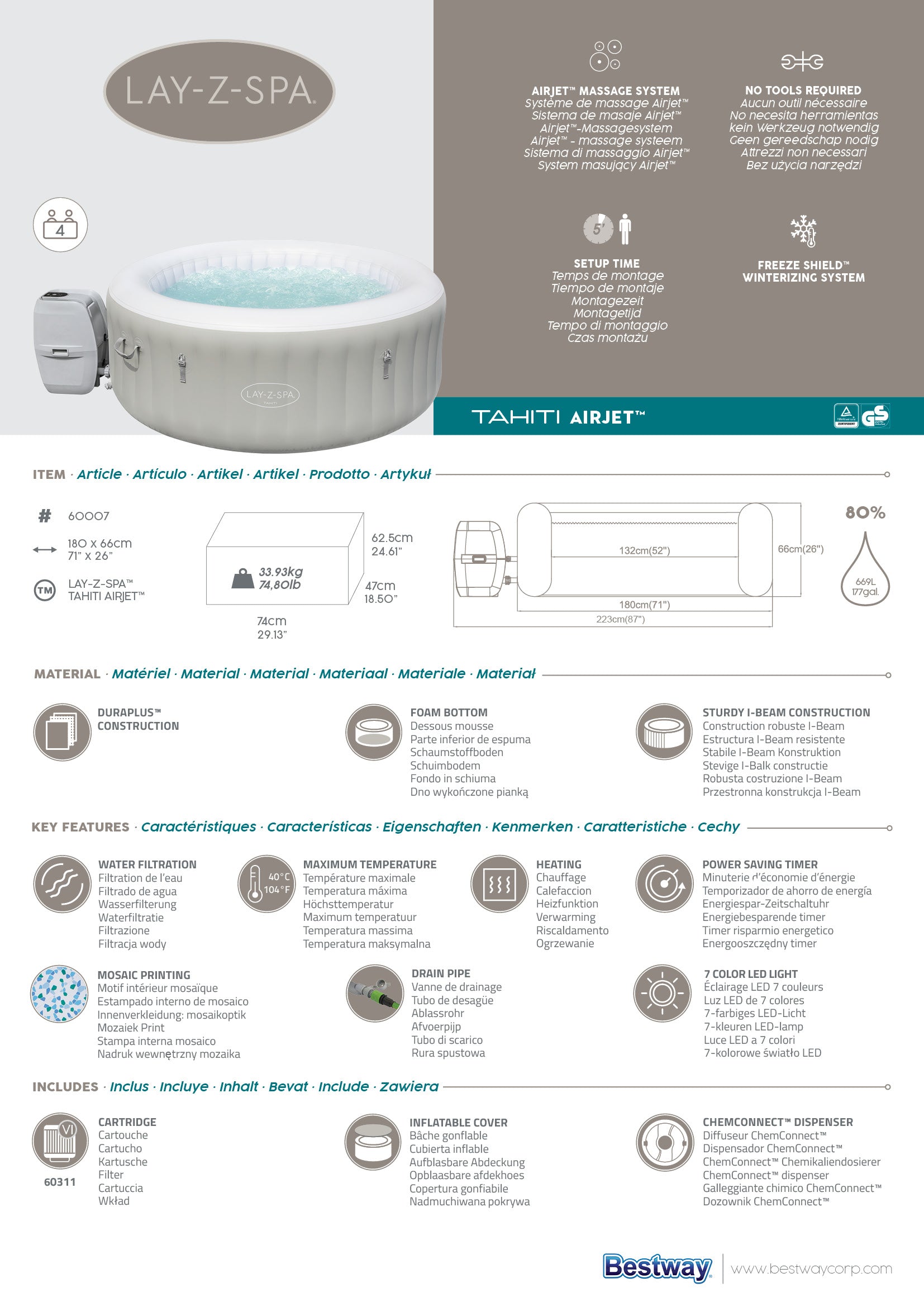 Lay-Z-Spa Tahiti AirJet, spa hinchable para 4 personas
